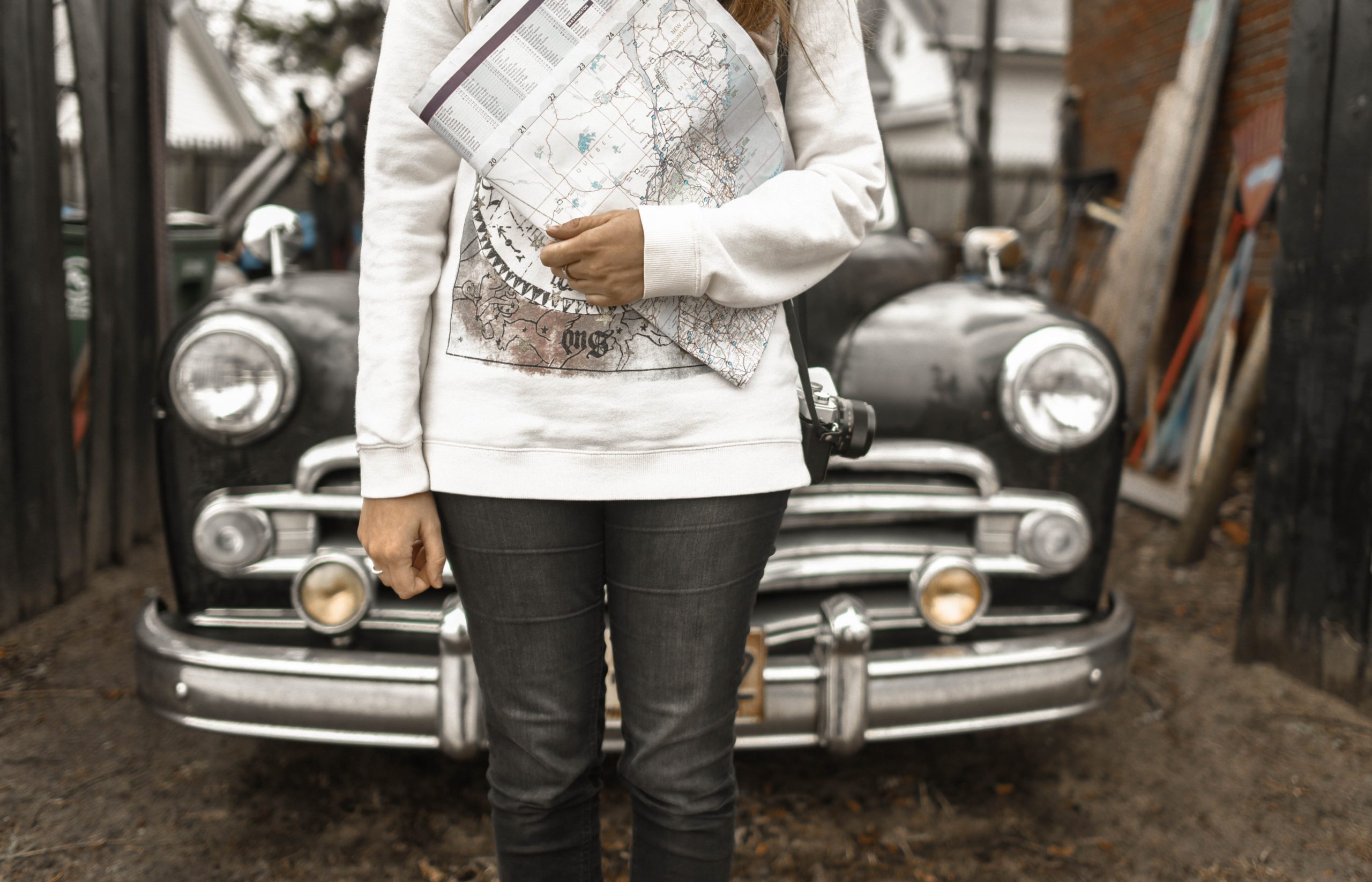 girl, map, car