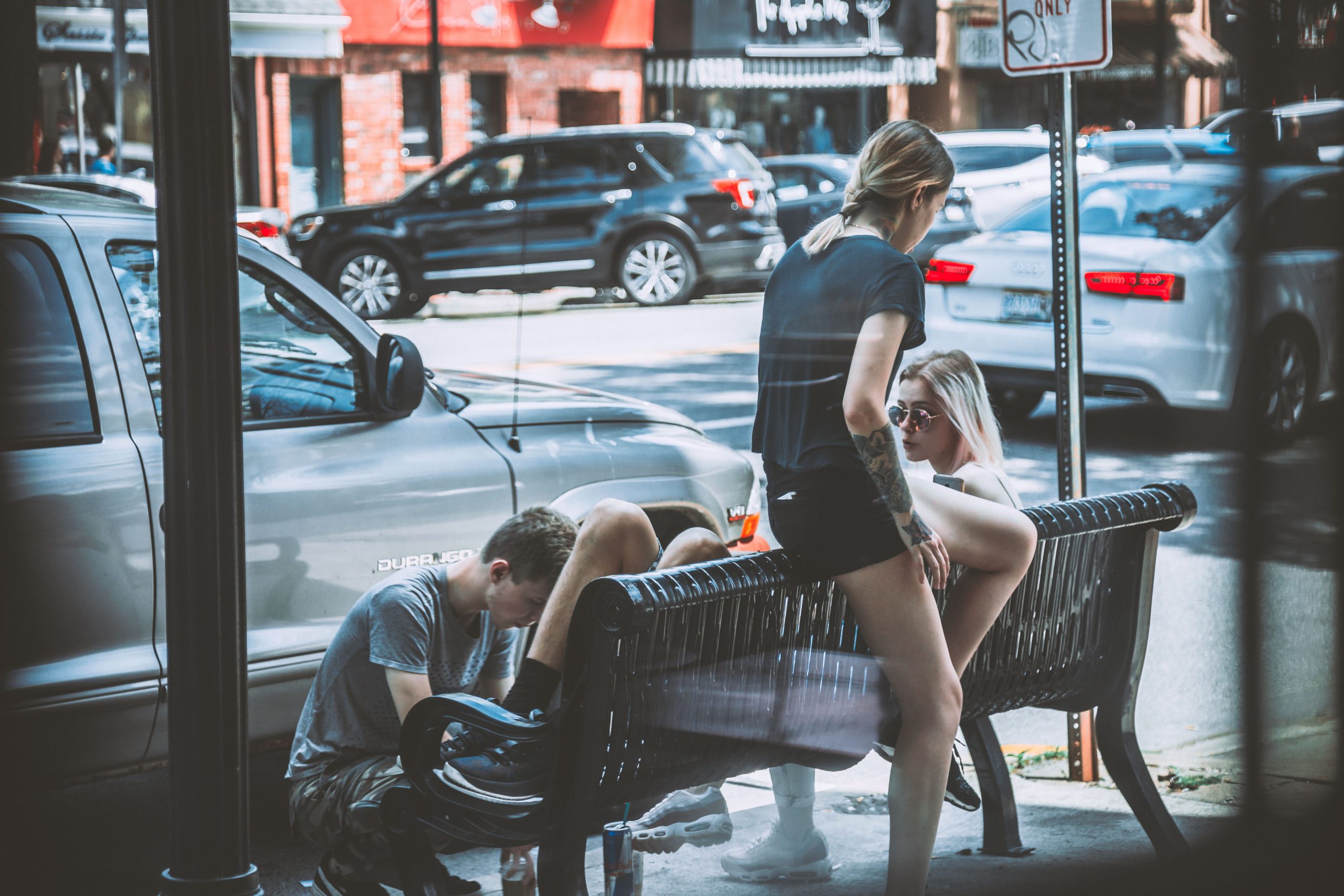 stranded, girls, boy, travel buddies, street, city, bench, tired, lost, broke
