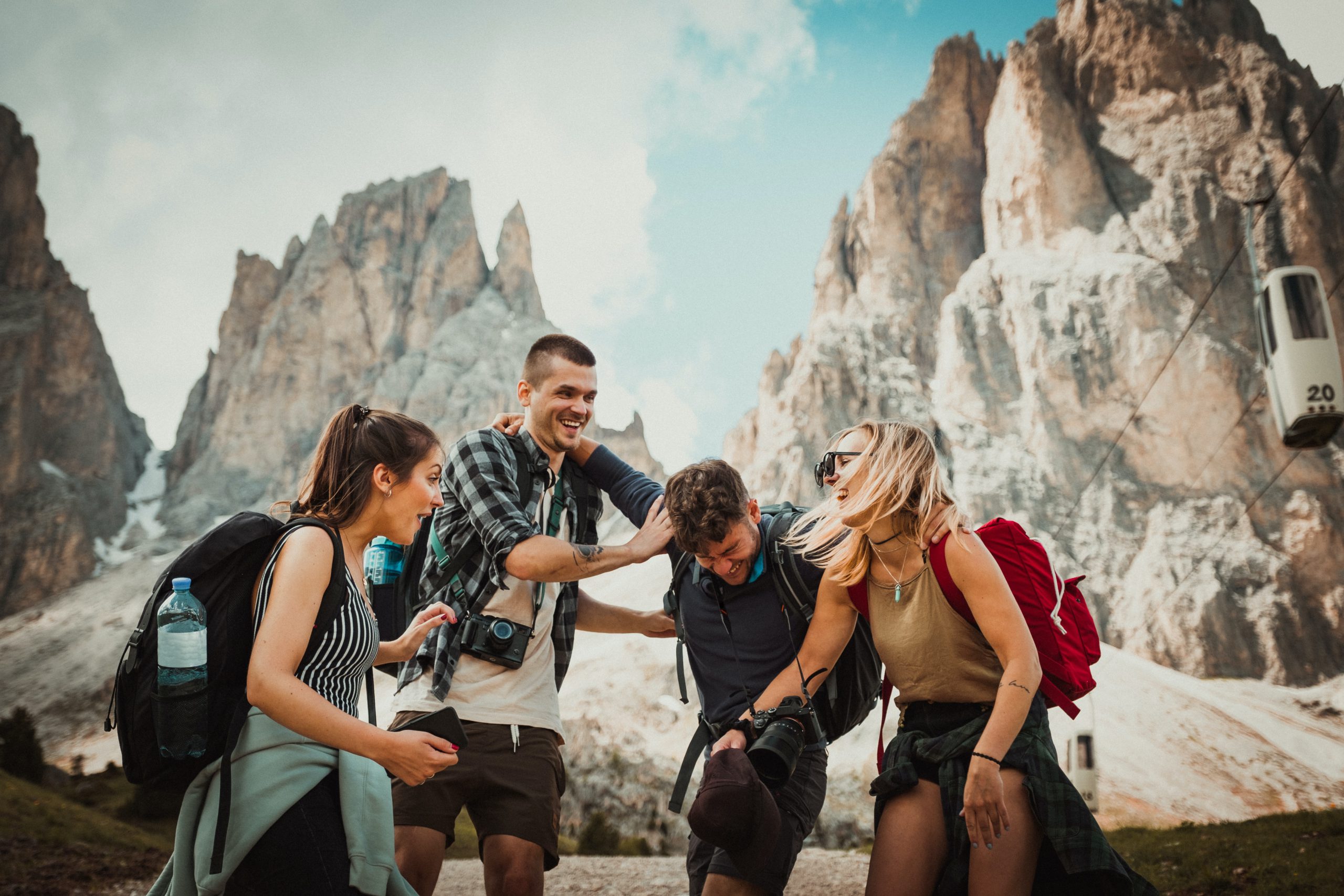 teen boys, teen girls, laughing, travel, mountain climbing, backpack, happy, buddies