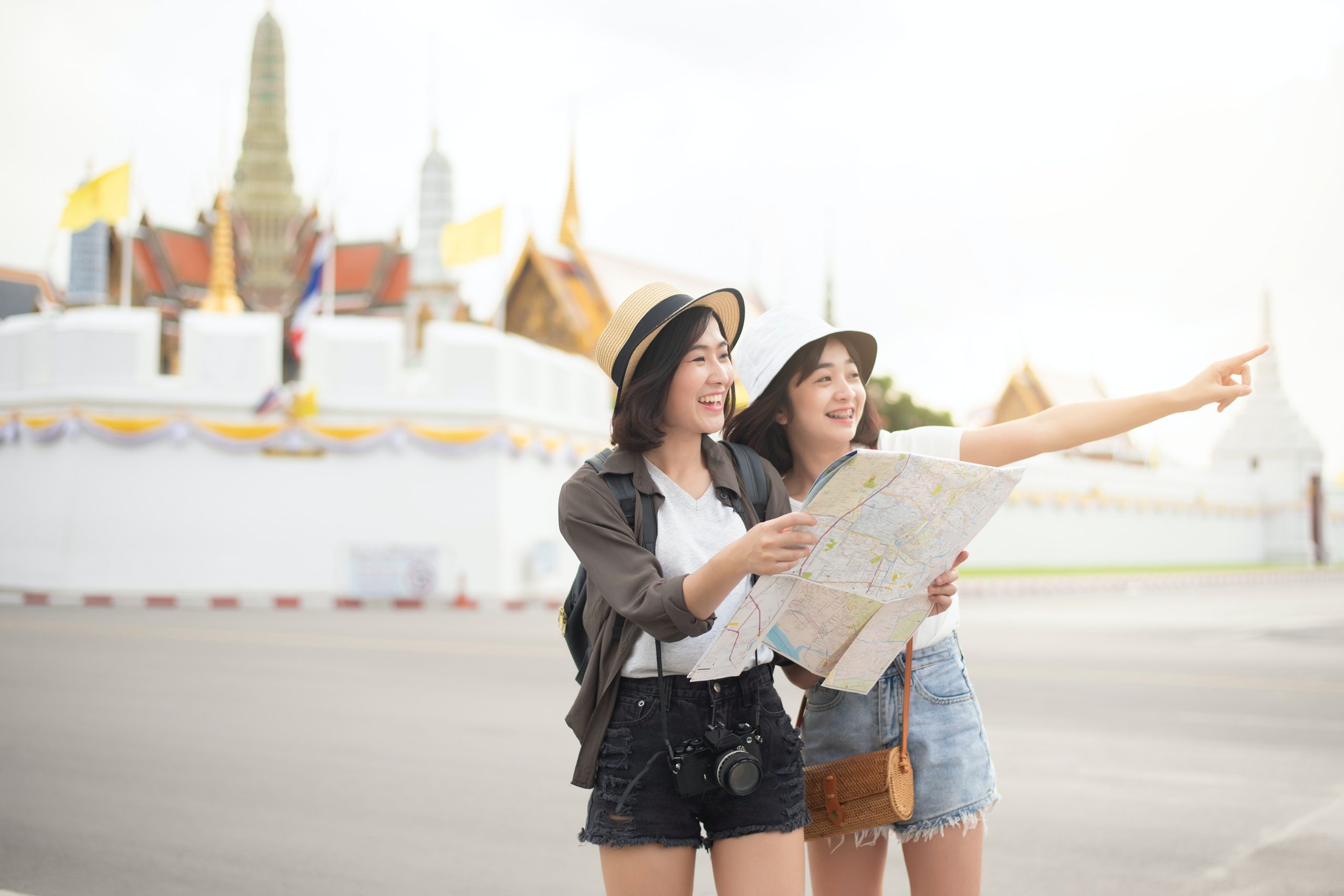 two girls, travel, lost, map, camera, Asian girls, buddies