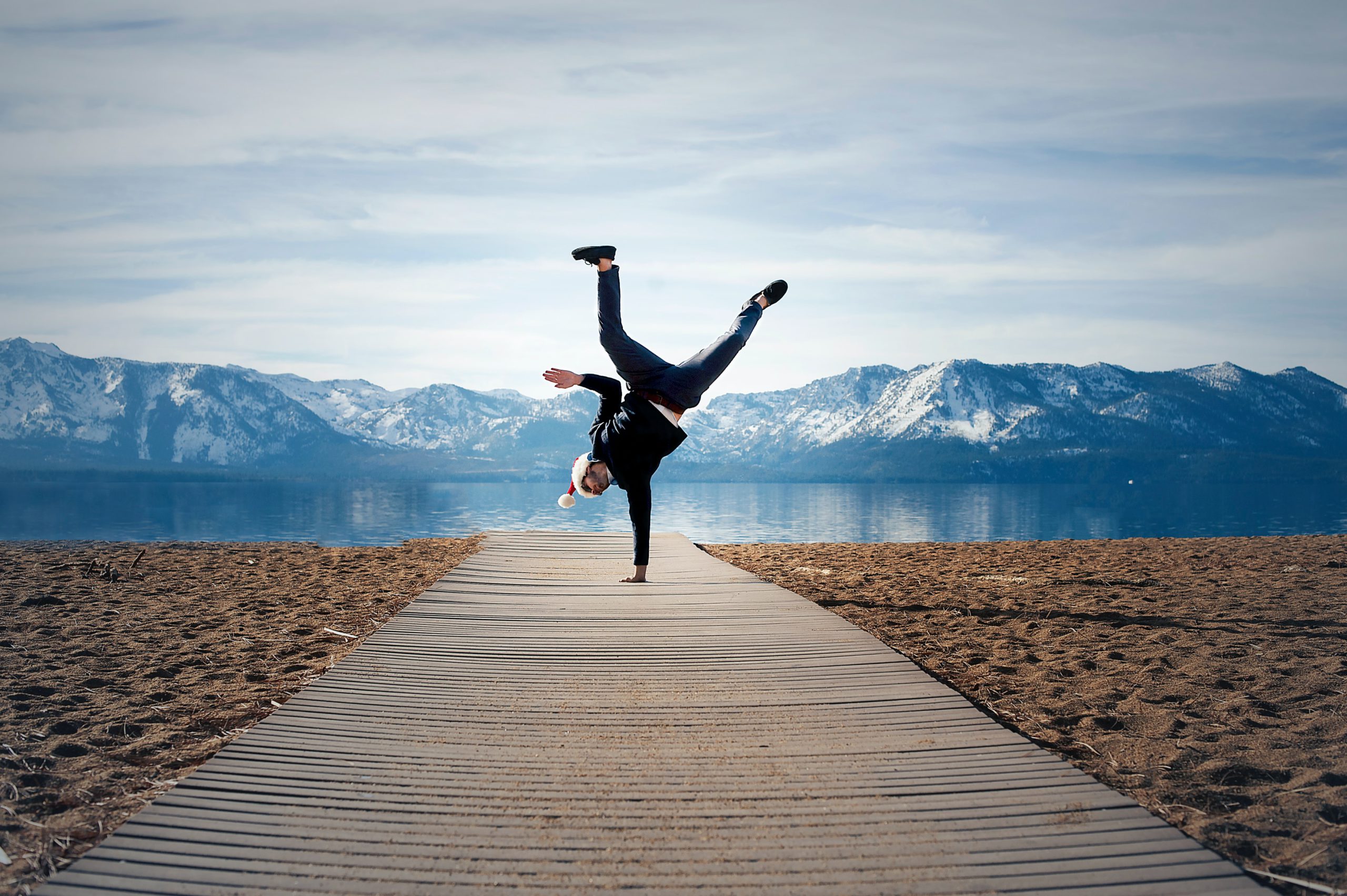 man, hand stand, happy, confidence, lake, 
