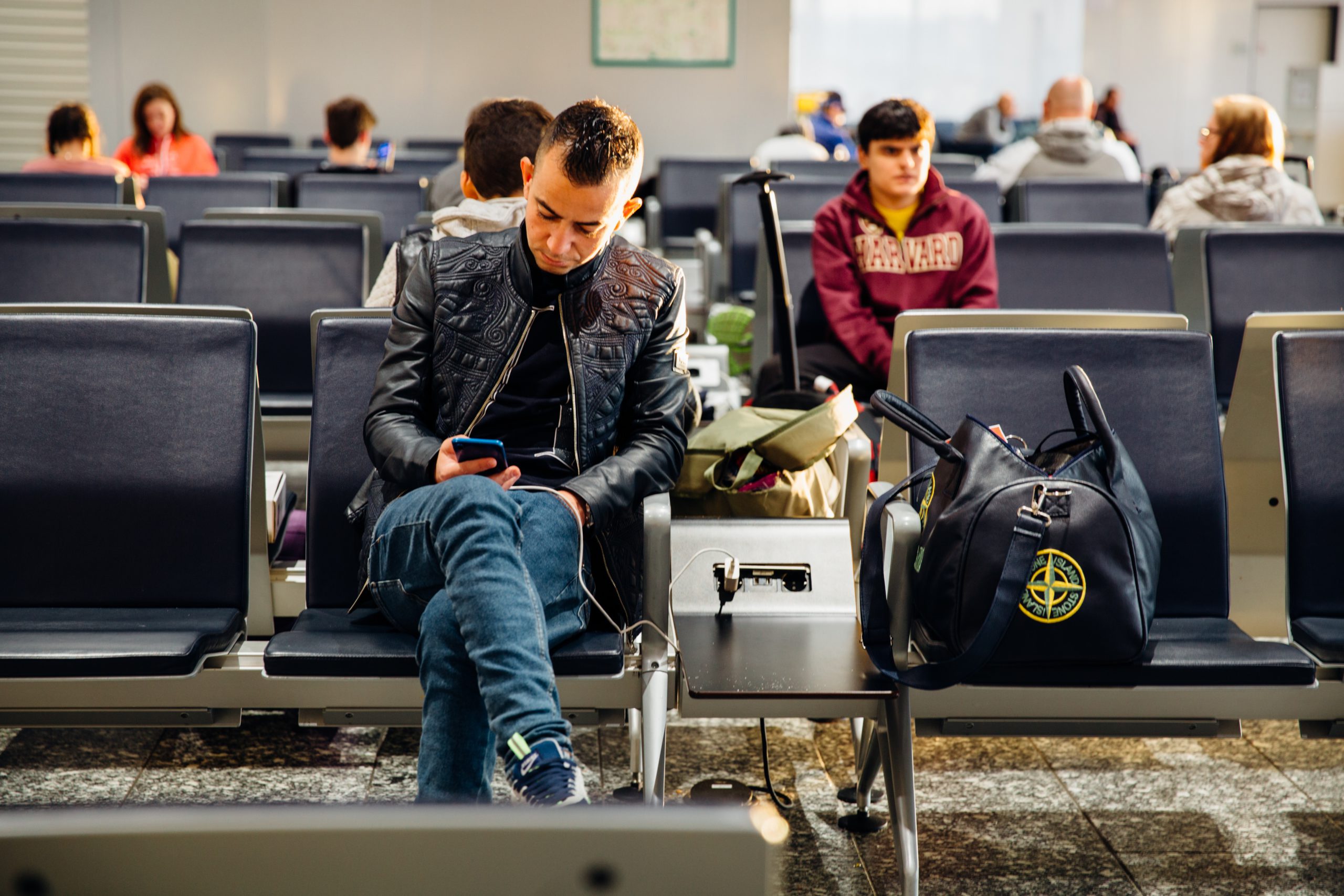 man, people, waiting, sitting, airport, boarding