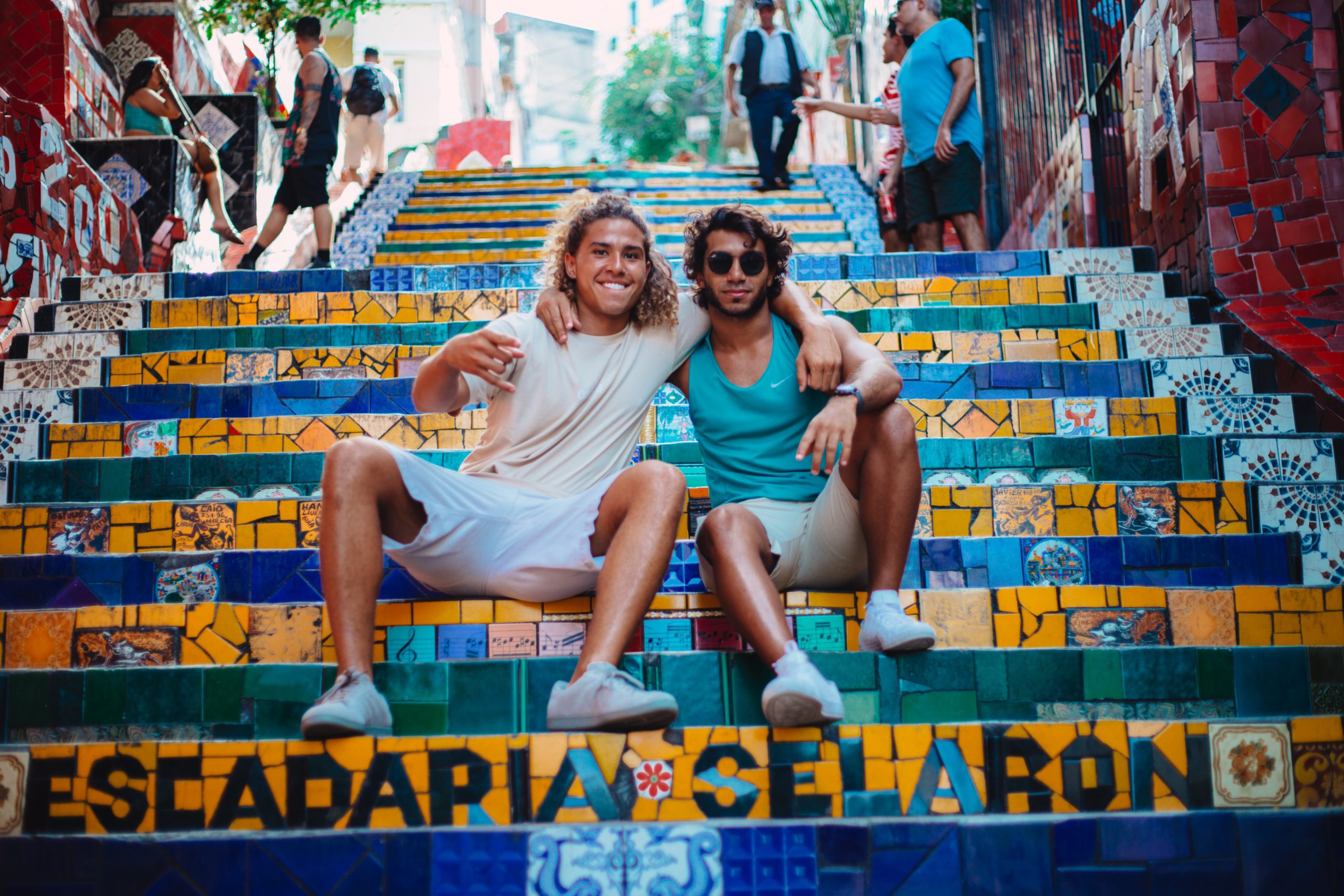 travel, buddy, two men, smile, laugh, street, stairs, friends