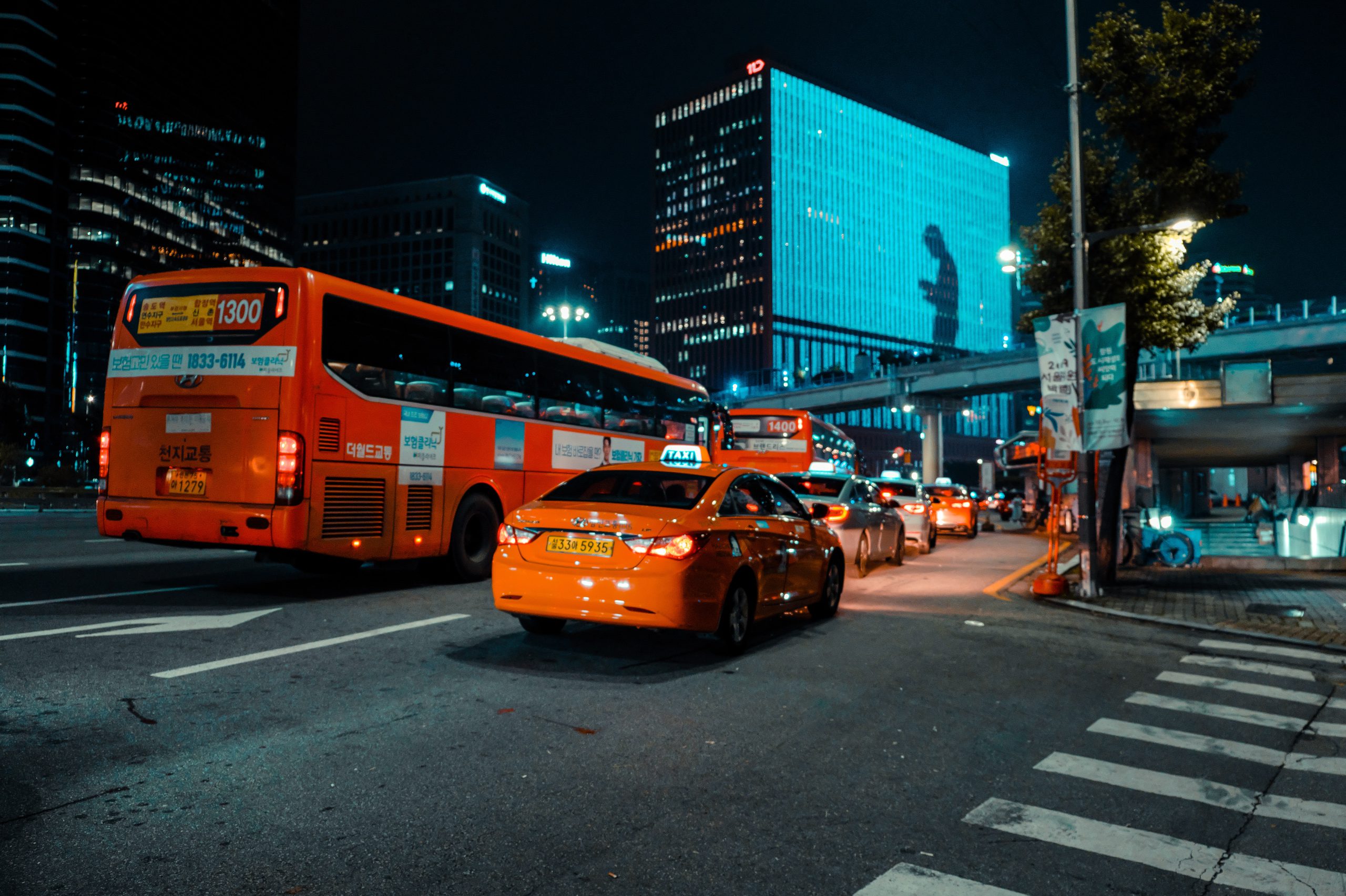 city, night, transportation, busses, taxi, cars, traffic, road, buildings